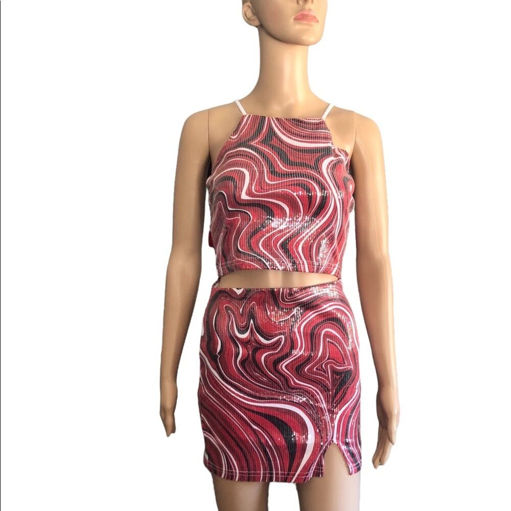 NWT Rue21 Crop Top Mini Skirt Set 2 Piece Set S Red Retro Sequin Halter Mini Y2K